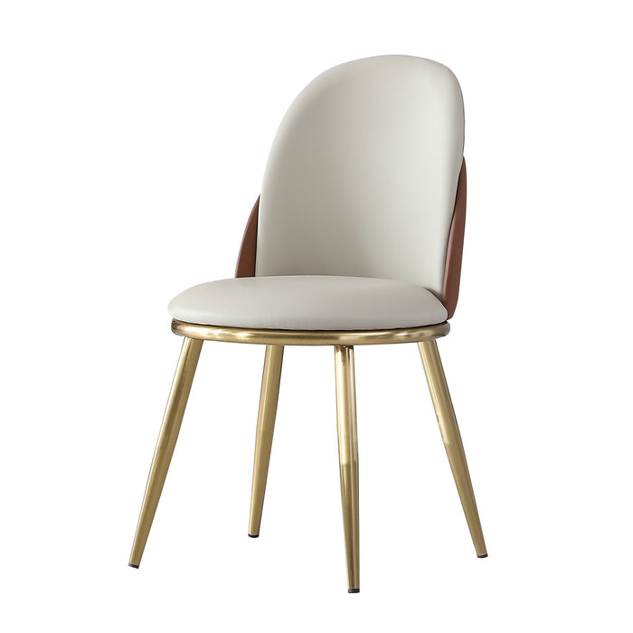 Set of two Giga beige modern dining chairs with gold metal legs, featuring sleek design and comfortable upholstery.
