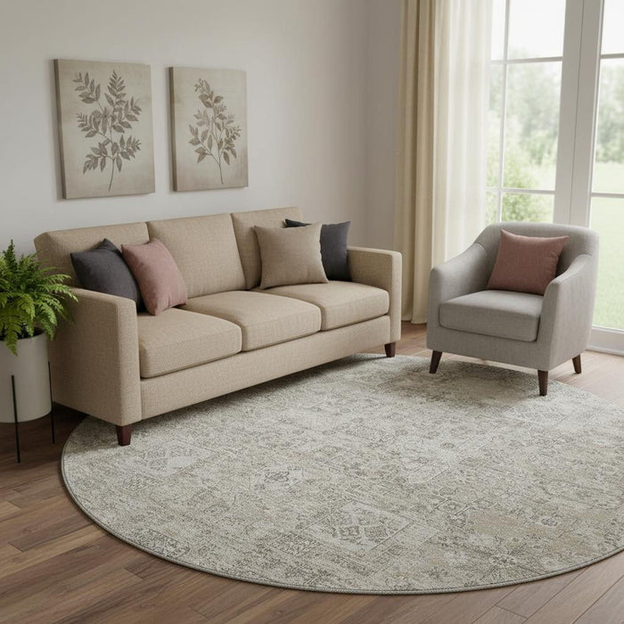 8' Floral Washable Round Rug With UV Protection (651223) - Taupe / Ivory