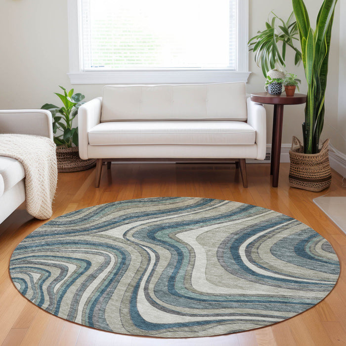 8' Marble Washable Round Rug With UV Protection - Teal