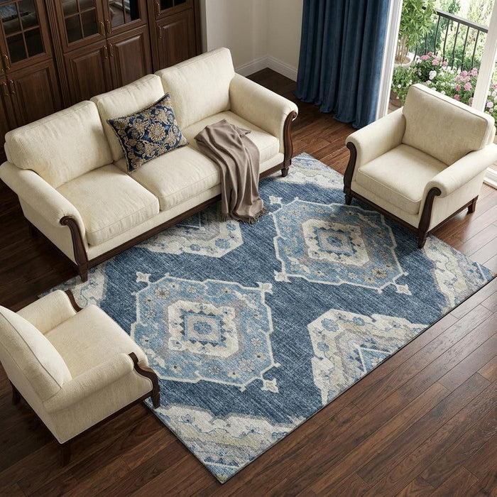 8' X 10' Tribal Distressed Washable Area Rug With UV Protection (644196) - Blue / Ivory