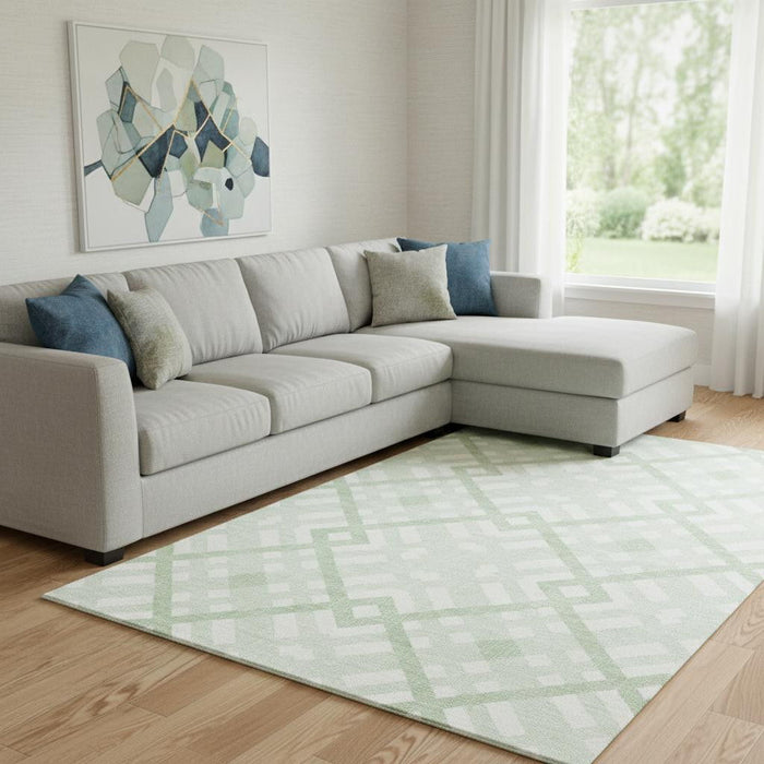 10' X 14' Geometric Washable Area Rug With UV Protection (651400) - Mint Green / Ivory