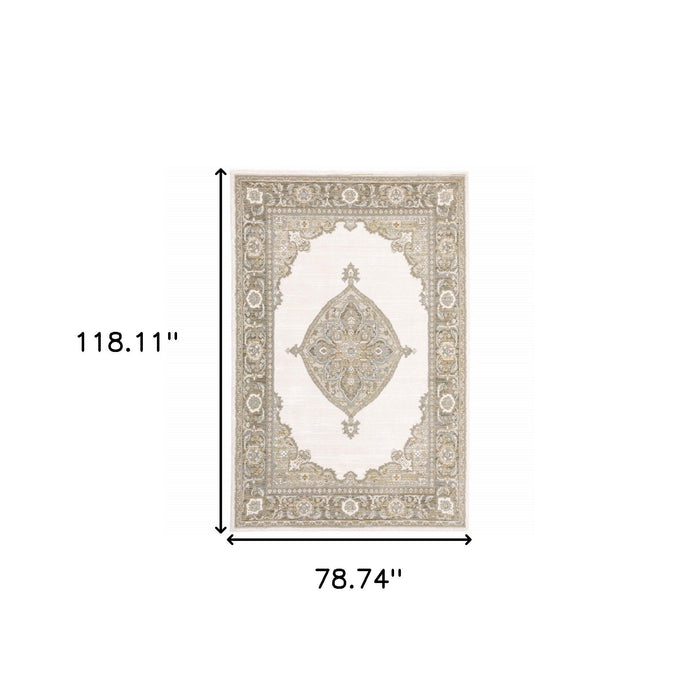 7' x 10' Oriental Power Loom Area Rug - Ivory And Beige