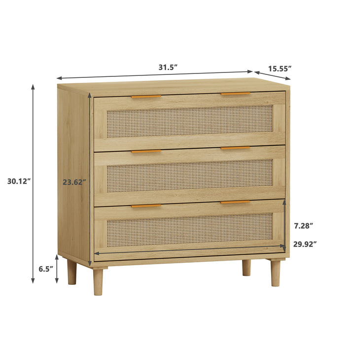 Giga oak storage cabinet with three drawers featuring rattan fronts, ideal for bedroom or living room storage.