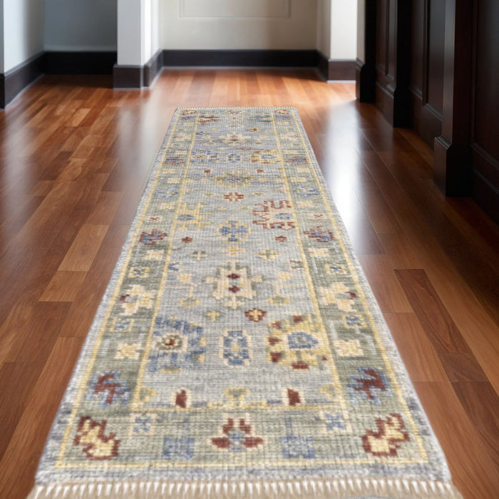 14' Floral Hand Knotted Runner Rug With Fringe - Blue