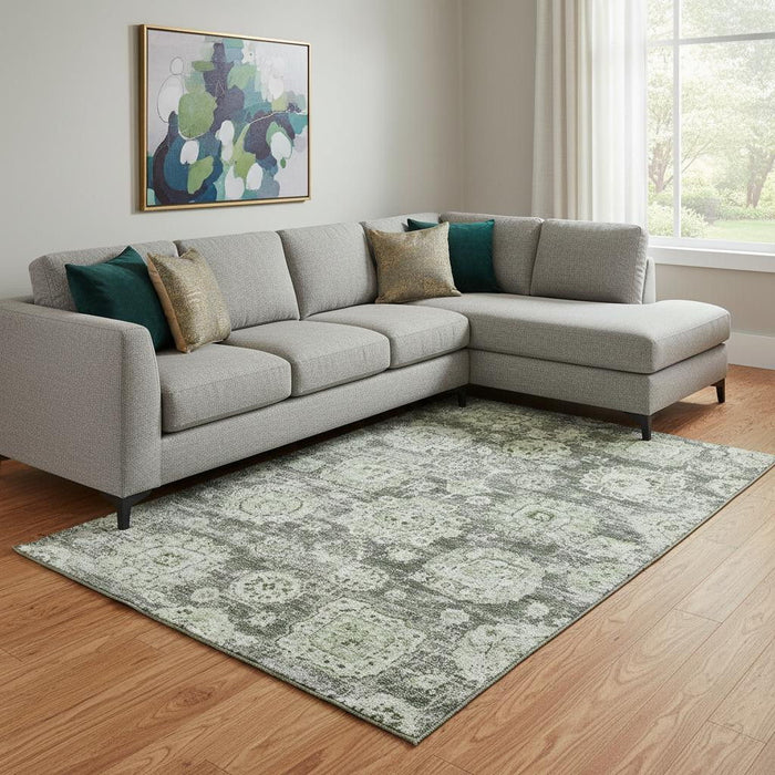 10' X 14' Floral Washable Area Rug With UV Protection (653176) - Artichoke Green / Ivory / Gray
