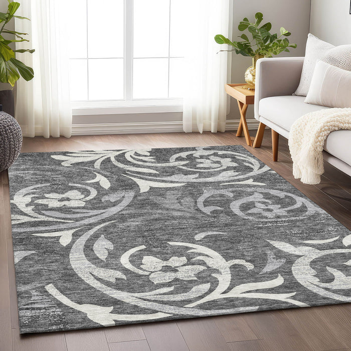 10' X 14' Floral Washable Area Rug With UV Protection - Charcoal