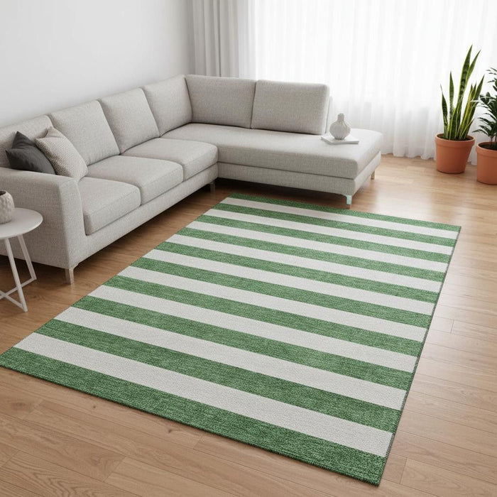9' X 12' Striped Washable Area Rug With UV Protection (647595) - Green / Ivory
