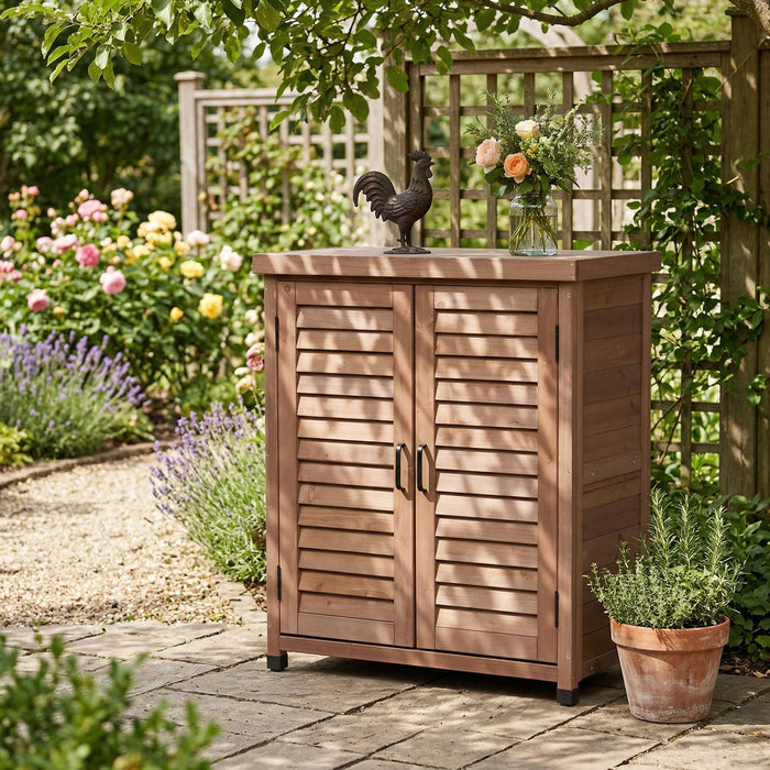 Giga outdoor potting bench with storage cabinet and metal tabletop for gardening and outdoor use.
