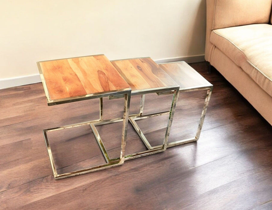 Stylish Wood And Metal C Shaped Nesting End Tables (Set of 3) - Brown Natural