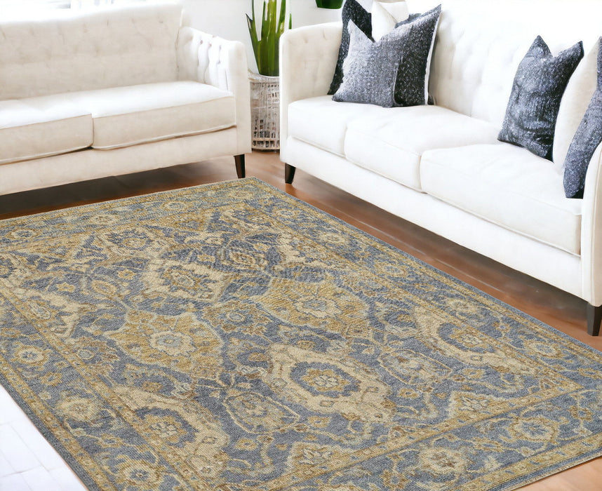5' x 8' Wool Floral Hand Knotted Stain Resistant Area Rug With Fringe - Blue Gold And Tan