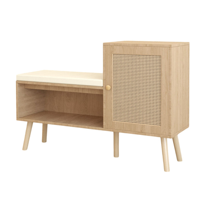 Giga 2-in-1 shoe storage bench with adjustable shelves, antique natural finish and rattan accents, ideal for organized entryway.