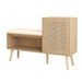 Giga 2-in-1 shoe storage bench with adjustable shelves, antique natural finish and rattan accents, ideal for organized entryway.