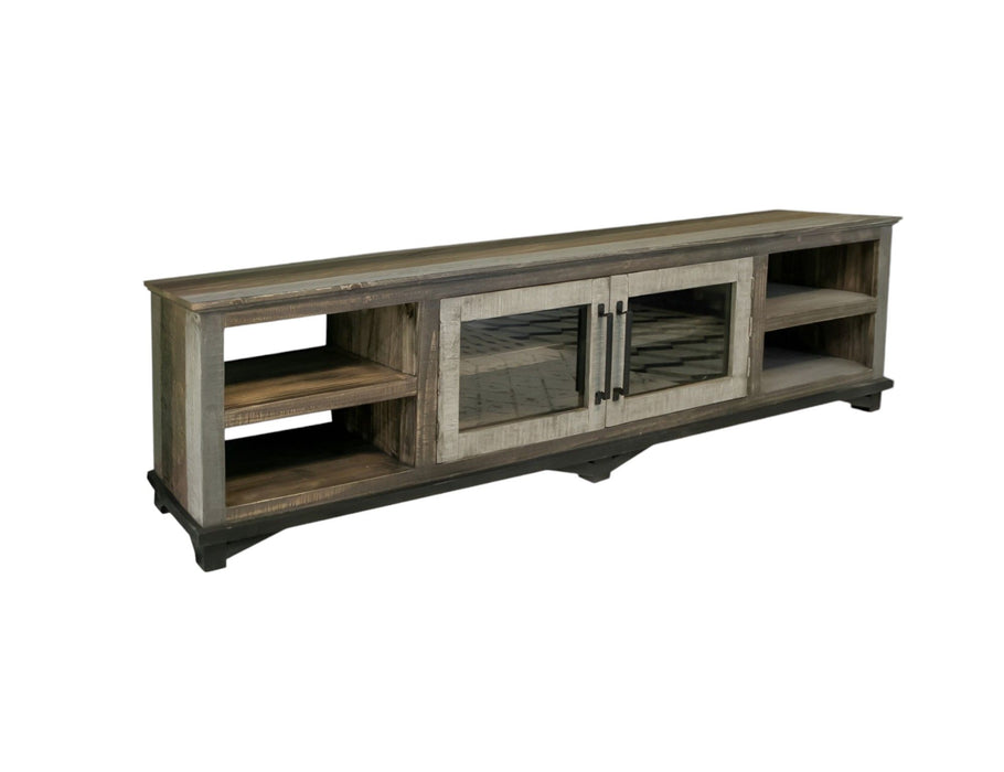 Distressed brown wooden TV stand with enclosed cabinet storage, ideal for living room organization and home decor.