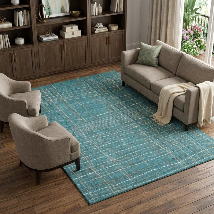 10' X 14' Striped Washable Area Rug With UV Protection (678598) - Teal / Brown / Ivory