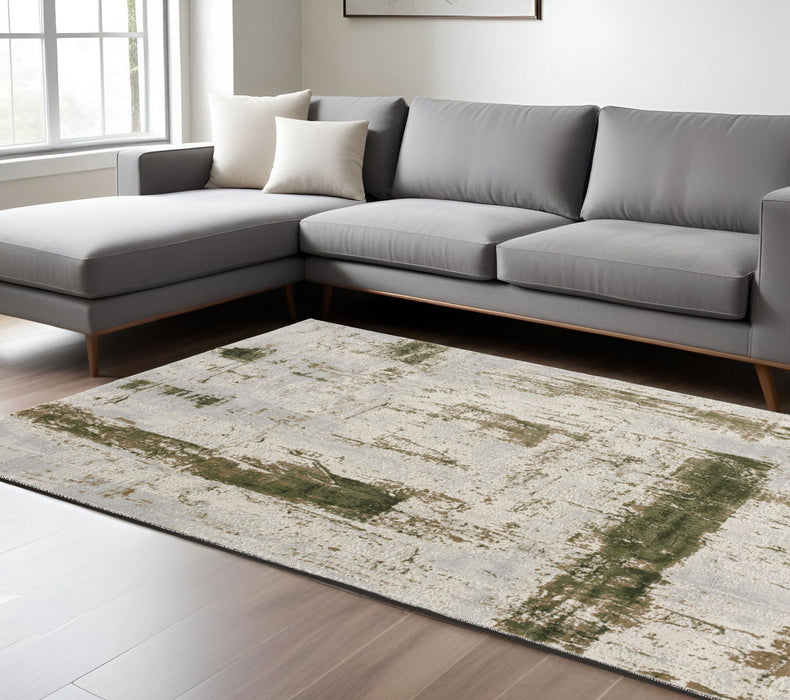 8' x 10' Abstract Distressed Area Rug - Green And Ivory