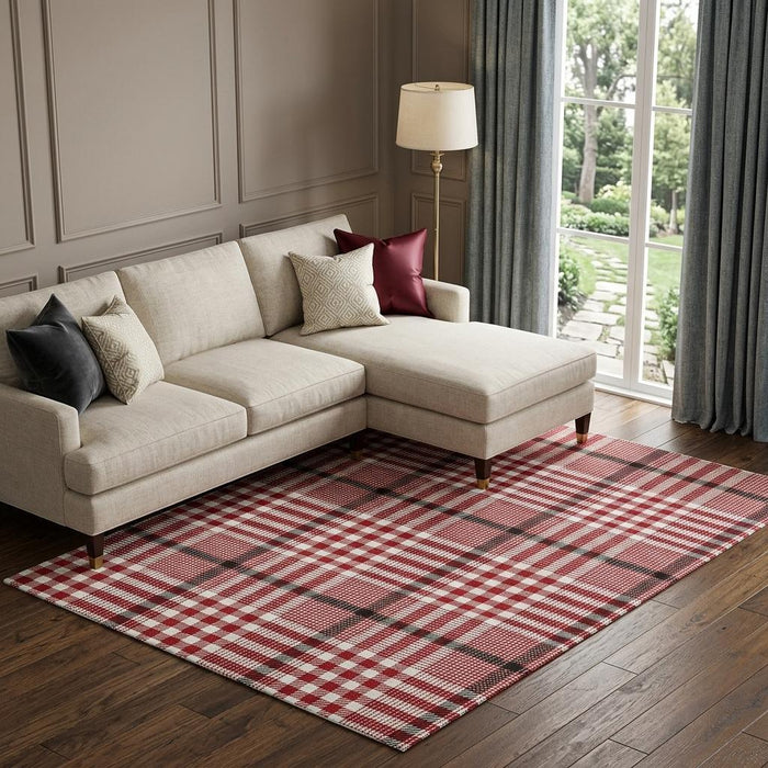 10' X 14' Plaid Washable Area Rug With UV Protection (682667) - Red / Ivory / Black