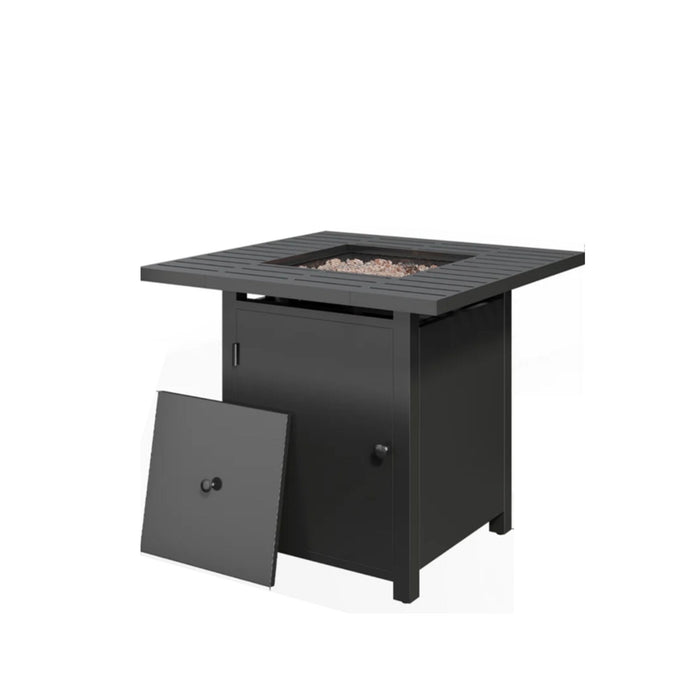 Giga Square 2-in-1 outdoor propane fire pit table with stainless steel burner, lava rocks, lid, and waterproof cover in black.