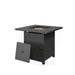 Giga Square 2-in-1 outdoor propane fire pit table with stainless steel burner, lava rocks, lid, and waterproof cover in black.
