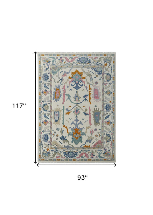 8' x 10' Wool Floral Hand Knotted Area Rug With Fringe - Blue Ivory And Pink