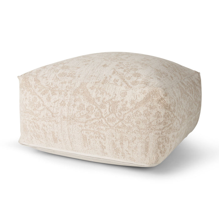 Chenille Damask Pouf Ottoman - Beige / Cream