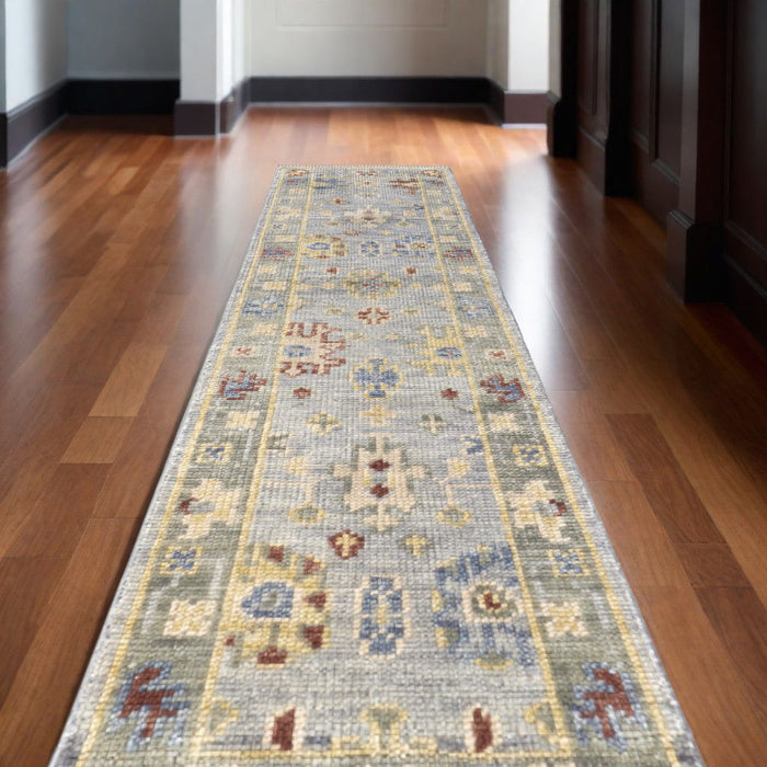 10' Wool Floral Hand Knotted Runner Rug With Fringe - Light Blue And Taupe