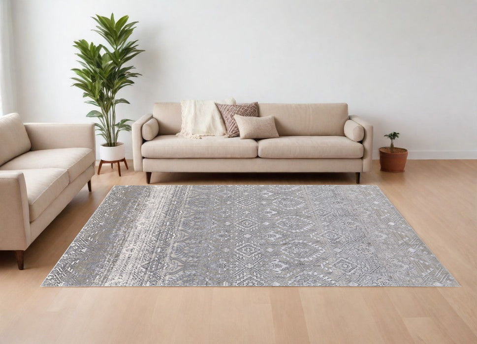12' x 15' Abstract Power Loom Worn Faded Area Rug - Black And Silver