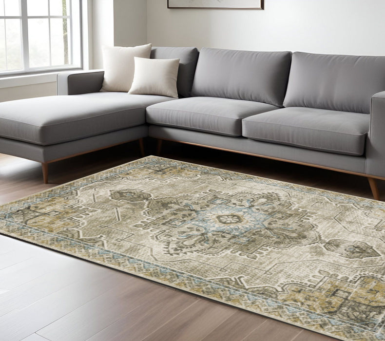 8' x 10' Oriental Power Loom Stain Resistant Area Rug - Gray Blue Beige And Gold