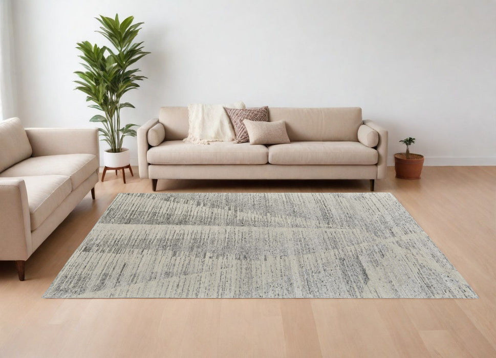 11.5' x 15' Abstract Hand Knotted Worn Faded Area Rug - Ivory And Gray