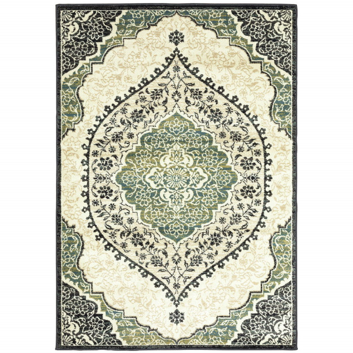 10' x 13' Oriental Power Loom Stain Resistant Area Rug - Ivory Navy And Green