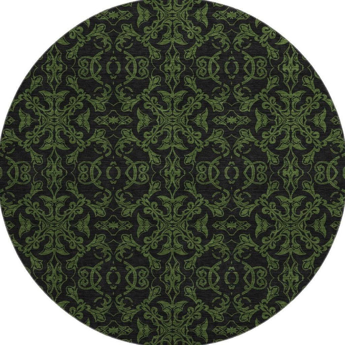8' Medallion Washable Round Rug With UV Protection - Olive Green And Charcoal