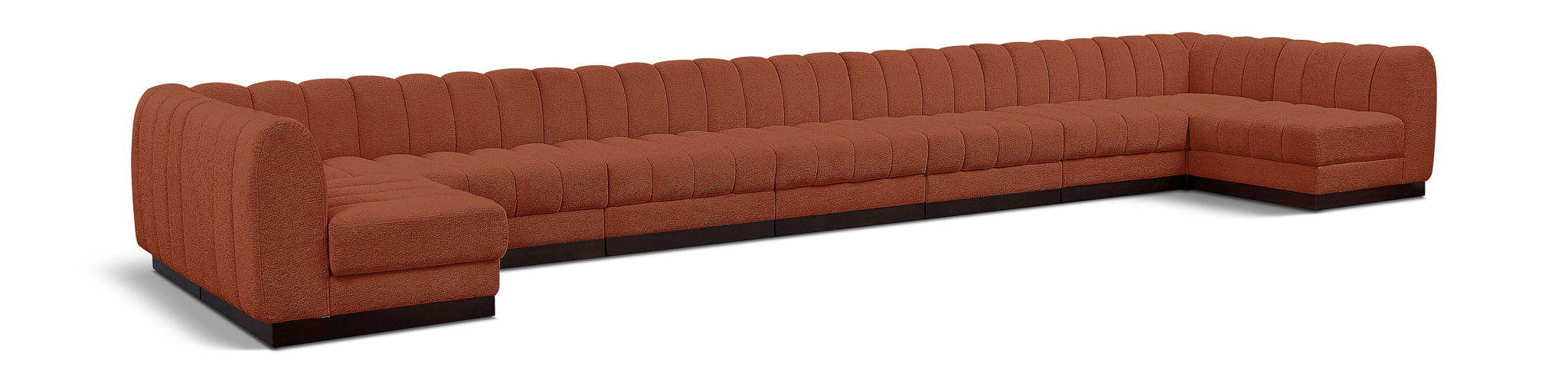 Meridian Furniture Quinn 9-piece modular stationary sectional sofa with plush cushions and modern design in a living room setting.