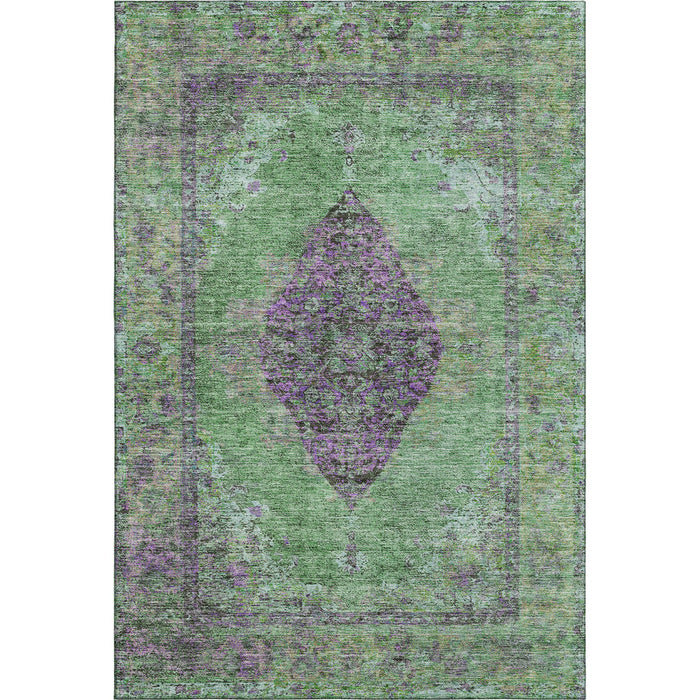 10' X 14' Medallion Washable Area Rug With UV Protection (714847) - Lime Green / Purple