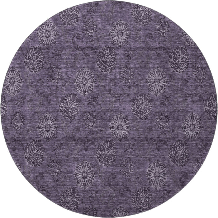8' Floral Washable Round Rug With UV Protection - Eggplant And Ivory