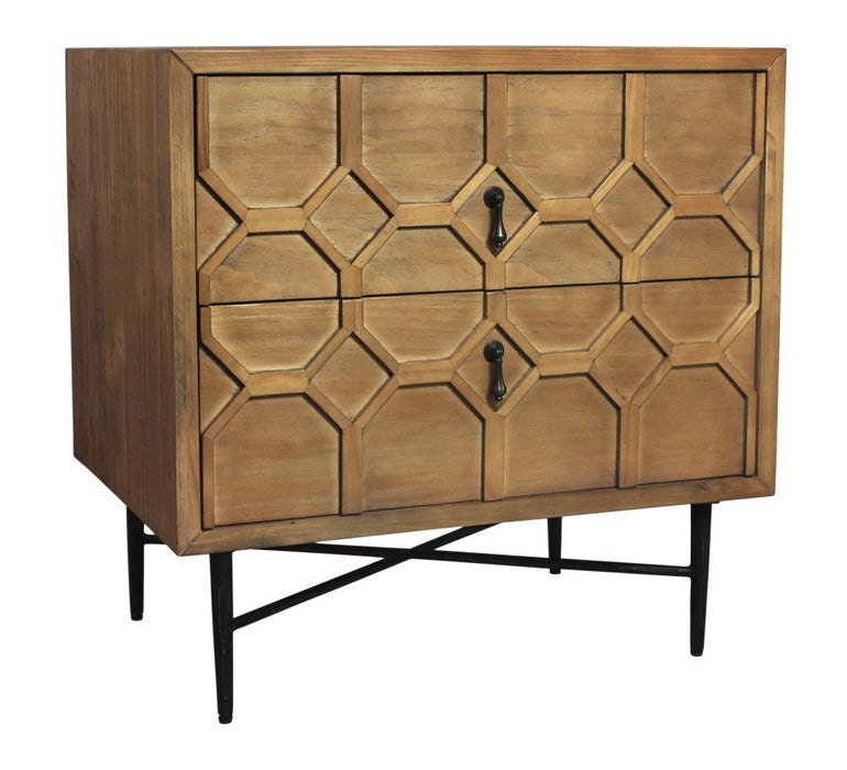 28" Two Drawer Distressed Carved Geometric Solid Wood Nightstand - Natural