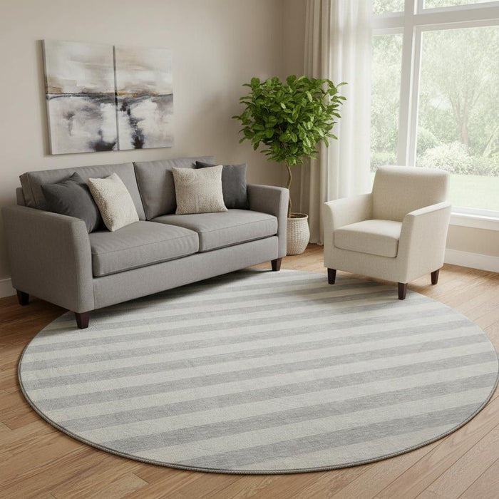 8' Striped Washable Round Rug With UV Protection (647761) - Pewter / Gray