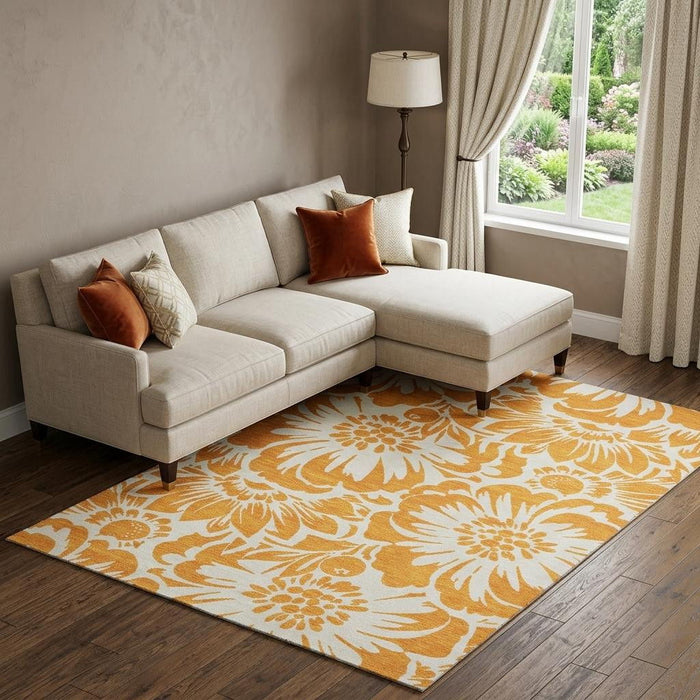 10' X 14' Floral Washable Area Rug With UV Protection (648676) - Orange / Ivory