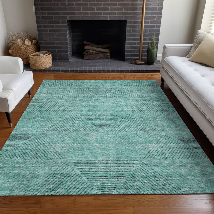 8' X 10' Geometric Washable Area Rug With UV Protection - Teal And Gray