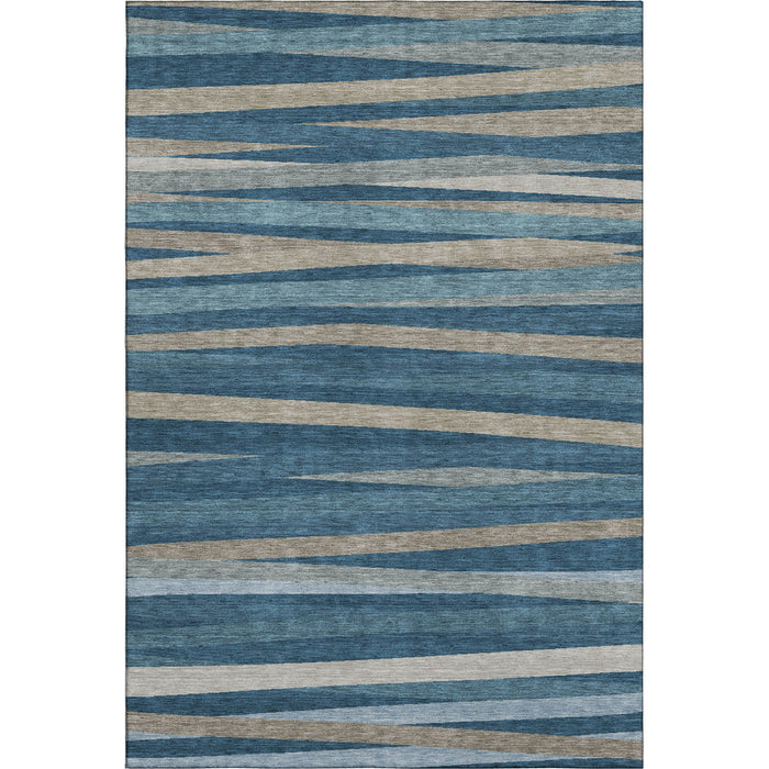 10' X 14' Striped Washable Area Rug With UV Protection (678484) - Denim Blue / Ivory / Beige