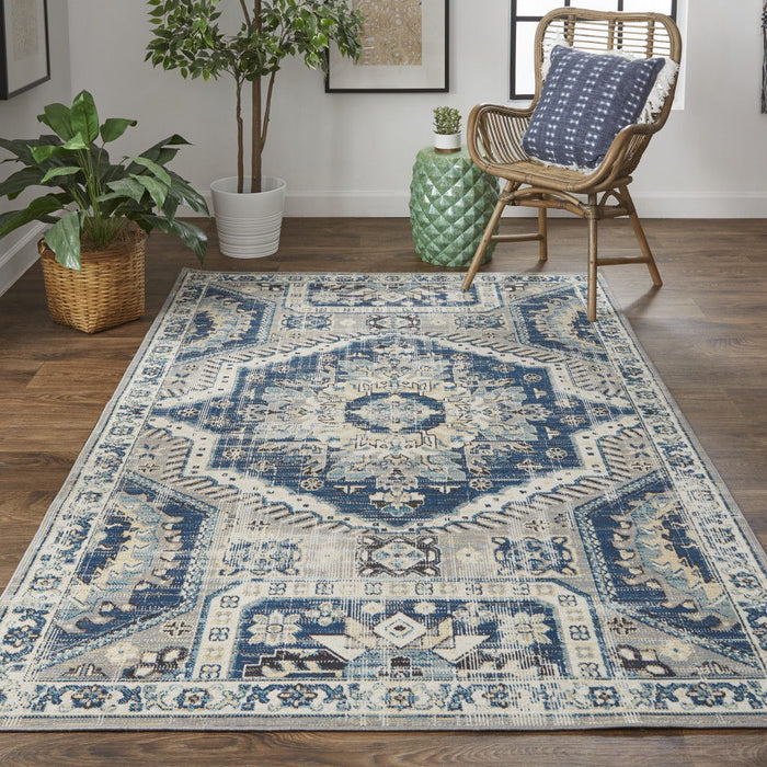 10' x 13' Abstract Power Loom Distressed Stain Resistant Area Rug - Blue And Ivory