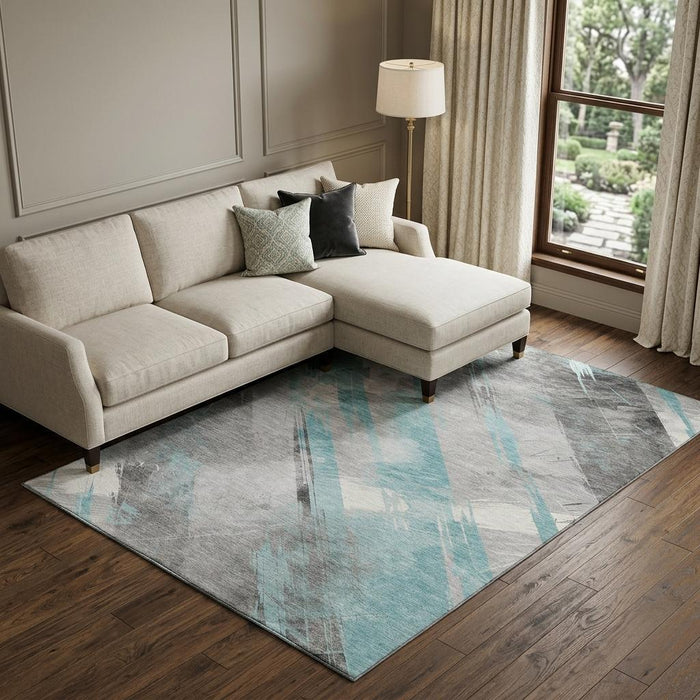 10' X 14' Striped Washable Area Rug With UV Protection (694302) - Teal / Gray / Silver
