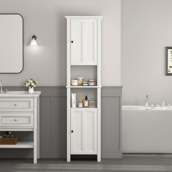 White Giga wooden bathroom linen cabinet with 2 doors and 6 shelves, ideal for bathroom storage.