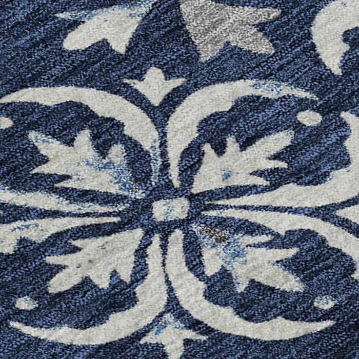 10' X 14' Floral Washable Area Rug With UV Protection (673957) - Navy Blue / Ivory
