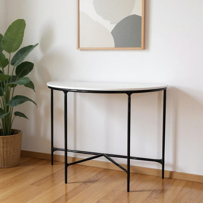 36" Genuine Marble And Iron Half Moon Console Table - White And Black