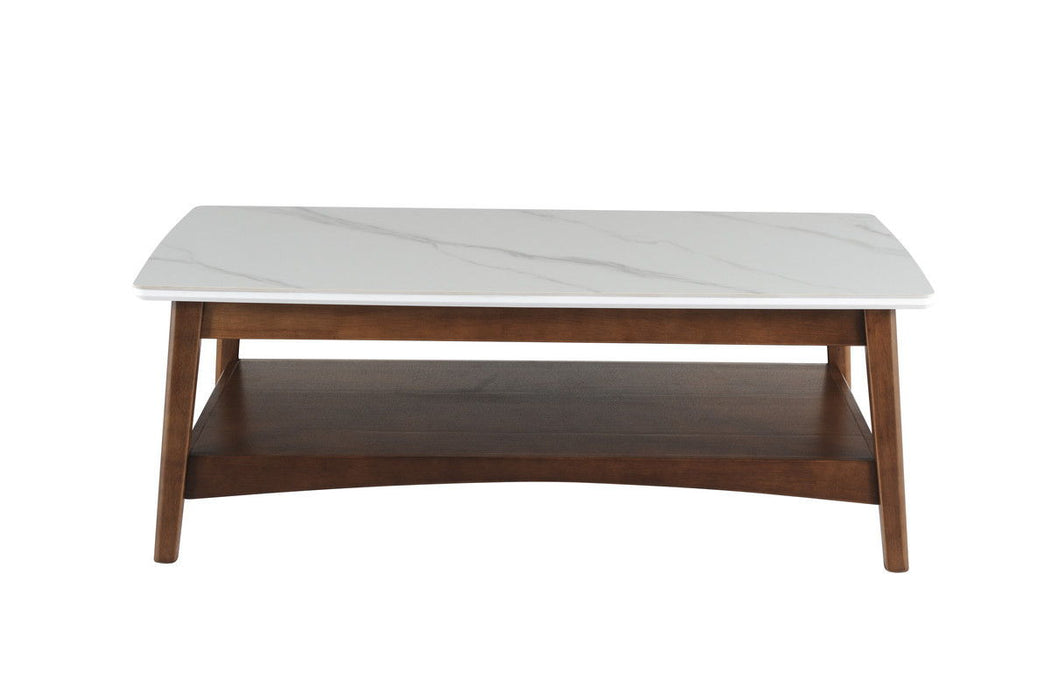 Stone Rectangular Coffee Table With Shelf - Walnut And White