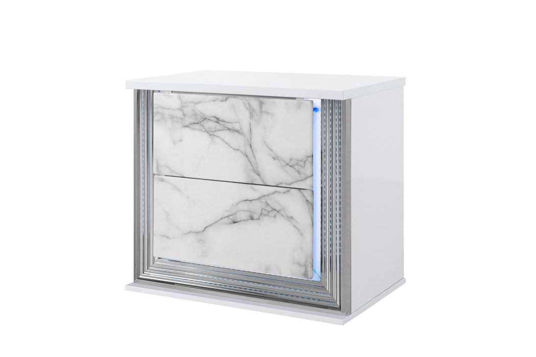 25" Wood Faux Marble Solid And Manufactured Wood Lighted Two Drawer Nightstand With USB Port - White
