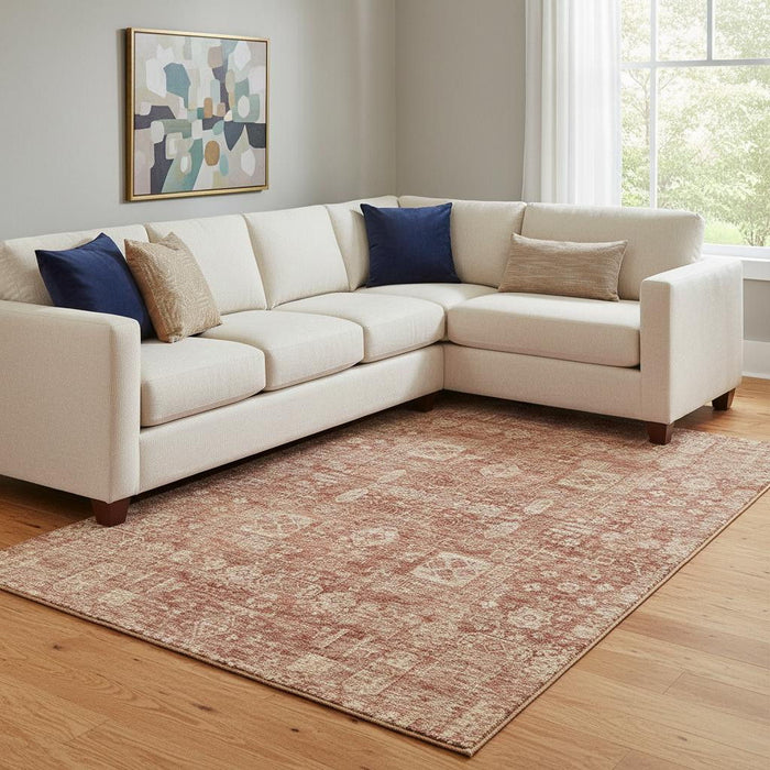 10' X 14' Floral Washable Area Rug With UV Protection (653410) - Chili Red / Copper