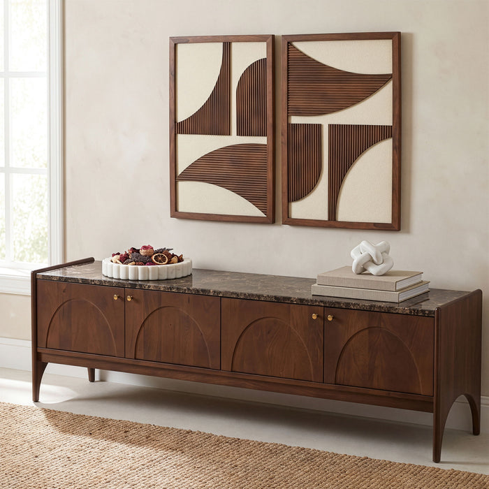 Veya 71-inch genuine marble and mango wood media console TV stand by Meridian Furniture, featuring sleek marble top and wooden legs.