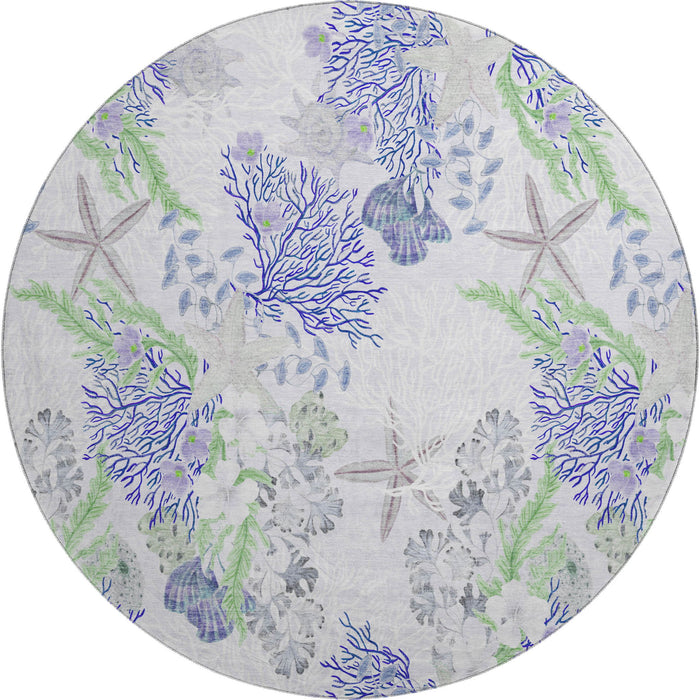 8' Geometric Washable Round Rug With UV Protection (645711) - Blue / Ivory / Lime Green