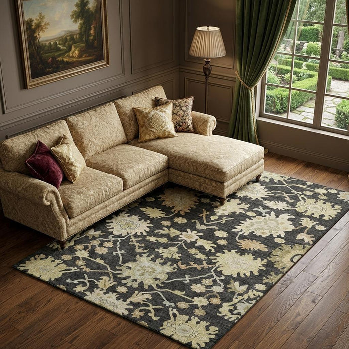 10' X 14' Floral Medallion Washable Area Rug With UV Protection (686843) - Black / Beige / Gold