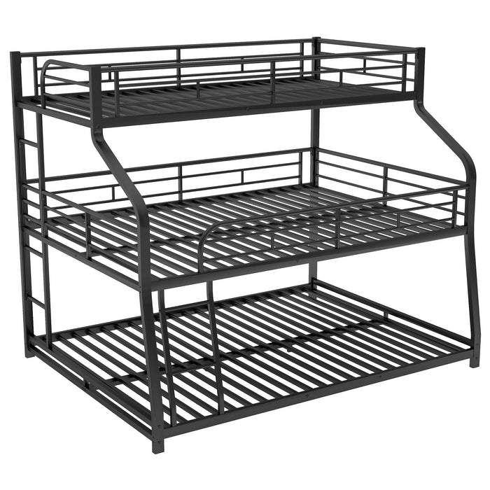 Black Giga bunk bed with twin, full, and queen options, featuring a long and short ladder and full-length guardrails.